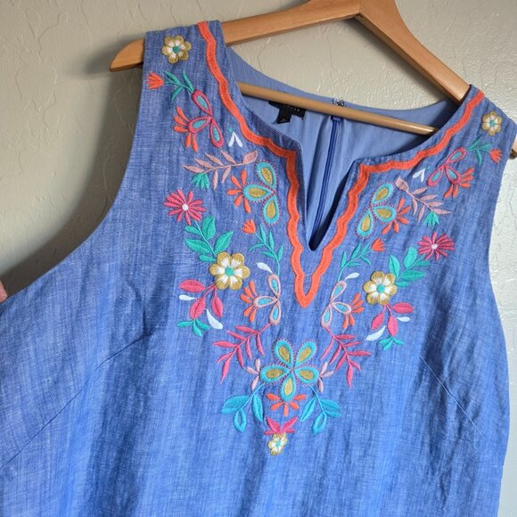 Talbots Linen Blend Floral Embroidered Chambray Shift Dress Blue Size Women's 16 - Picture 5 of 10
